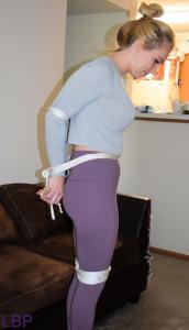 www.leggybondage.com - LILYMAEVON GREY SWEATER PURPLE LEGGINGS HEELS ROPES thumbnail