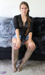 www.leggybondage.com - ALICIA DAWN SEE THRU BLACK SHIRT JEAN SHORTS BOOTS thumbnail